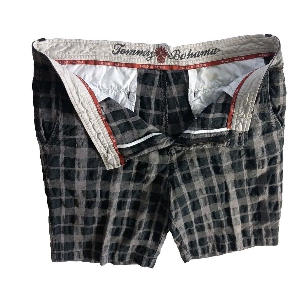 Tommy Bahama Mens 36 Bermuda Short Inseam 9in Silk Lenin Plaid Black Gray